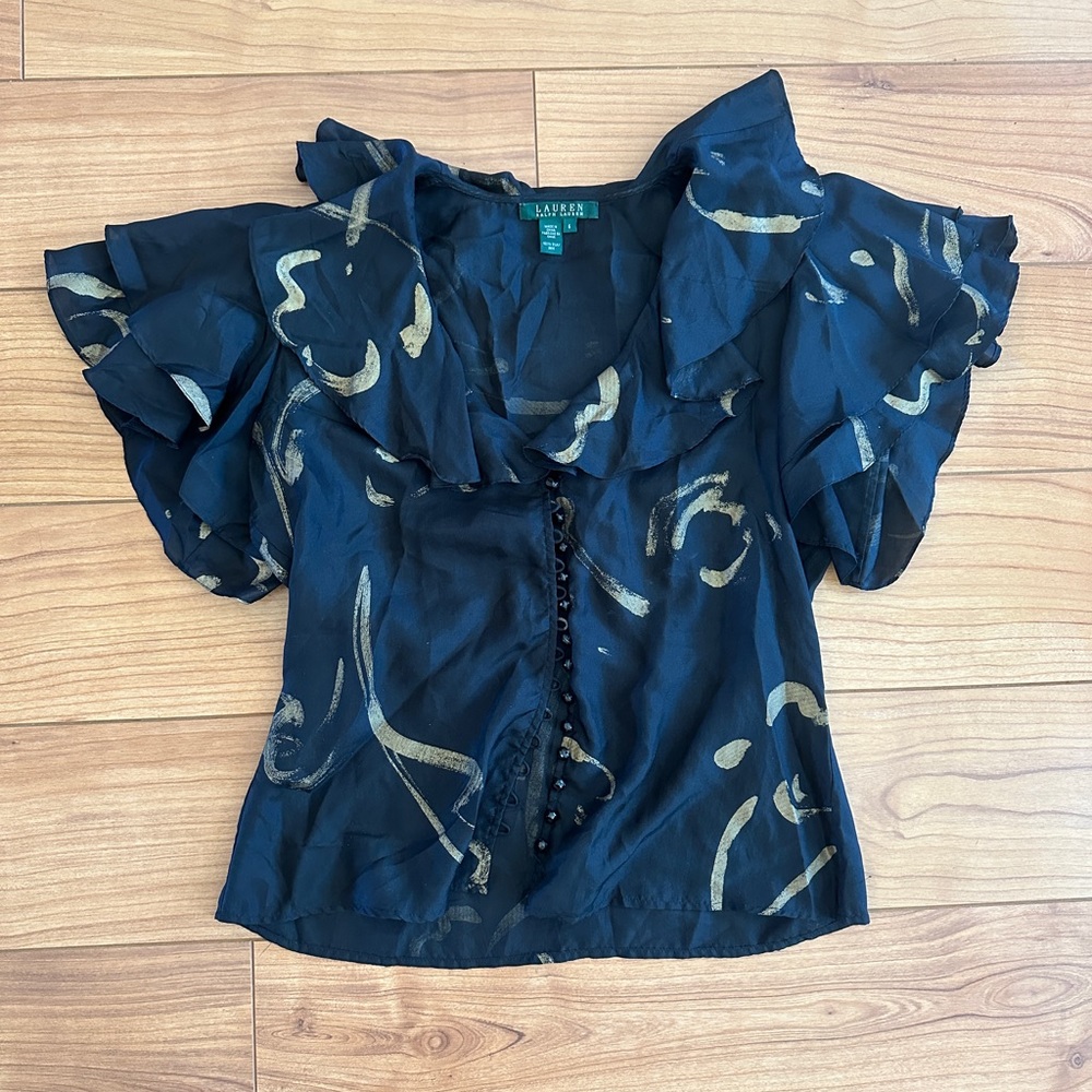 Ralph Lauren Gold and Black Silver Silk Blouse